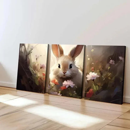 3pcs Abstract Cute Bunny Flowers Brown Rabbit Wall Art Canvas Unframed - High Quality Print 100% Australian Made Wall Canvas - Bella Home Decor