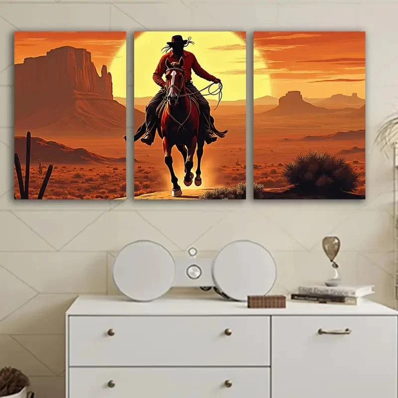 3pcs Cowboy Riding Horse In Desert Wall Art Set Canvas Framed 50x70cm - High Quality Print 100% Australian Made Wall Canvas Ready to Hang - Bella Home Decor