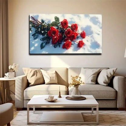 Snowy Petals And Green Leaves Wall Art Canvas Office Home Room Framed 120x60cm