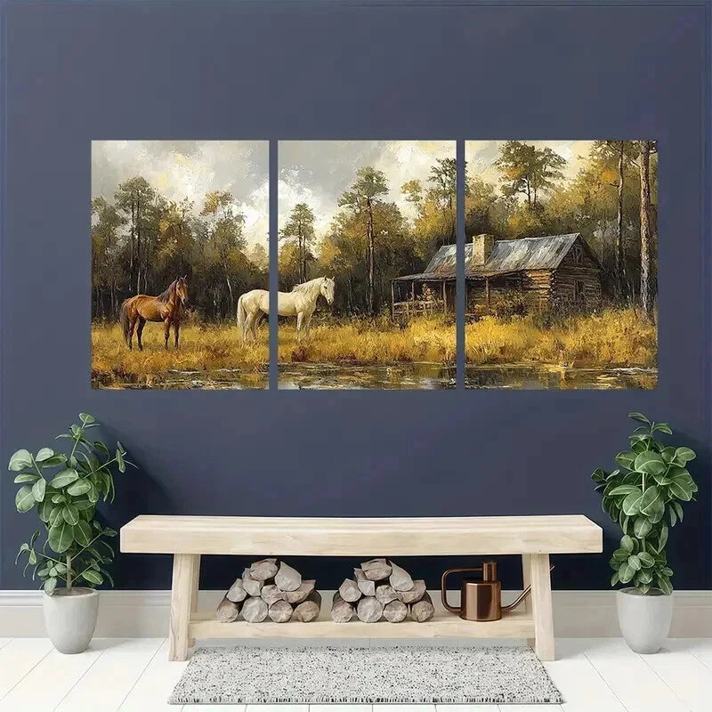 3pcs Green Forest Cabin Horse Abstract Painting Wall Art Set Canvas Framed 50x70cm - High Quality Print 100% Australian Made Wall Canvas Ready to Hang - Bella Home Decor