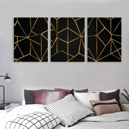 3pcs Vector Illustration of a Golden Geometric   Wall Art Set Canvas Framed 50x70cm - High Quality Print 100% Australian Made Wall Canvas Ready to Hang
