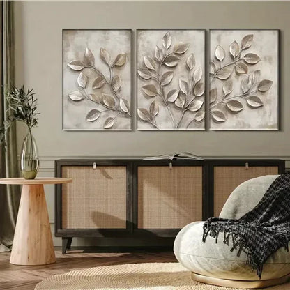 3pcs Metallic Leaf Branch Triptych Wall Art Set Wall Art Canvas Unframed - High Quality Print 100% Australian Made Wall Canvas