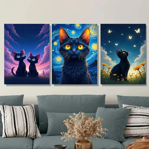 3pcs Night Cat Triptych Yellow Eyes Wall Art Set Canvas Unframed - High Quality Print 100% Australian Made Wall Canvas
