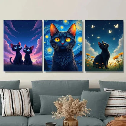 3pcs Night Cat Triptych Yellow Eyes Wall Art Set Canvas Unframed - High Quality Print 100% Australian Made Wall Canvas