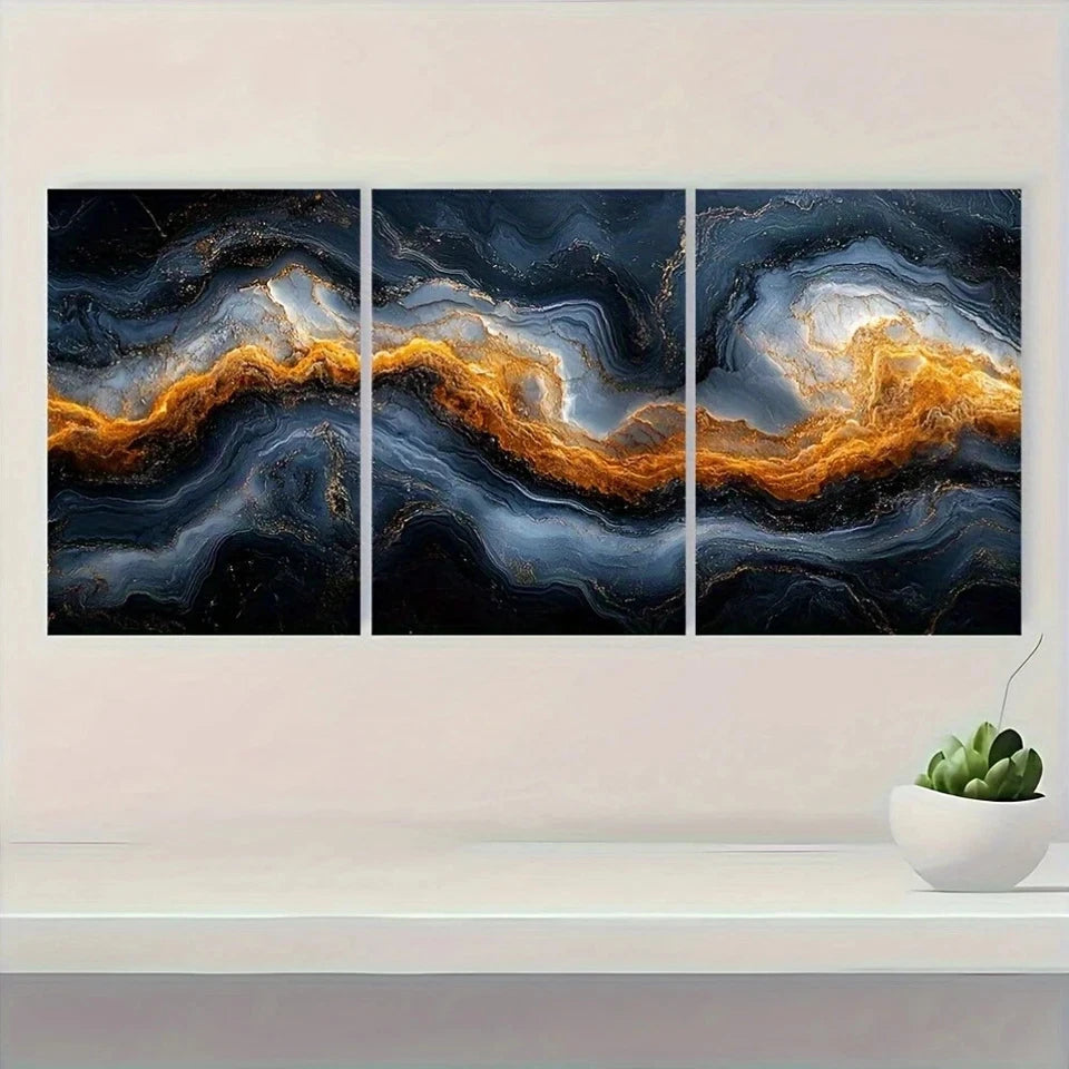 3pcs Silvery Marble Golden Gray Metal Print Ready to Hang Art - Bella Home Decor