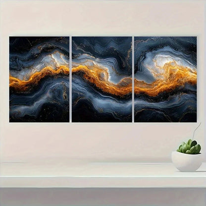 3pcs Silvery Marble Golden Gray Metal Print Ready to Hang Art - Bella Home Decor