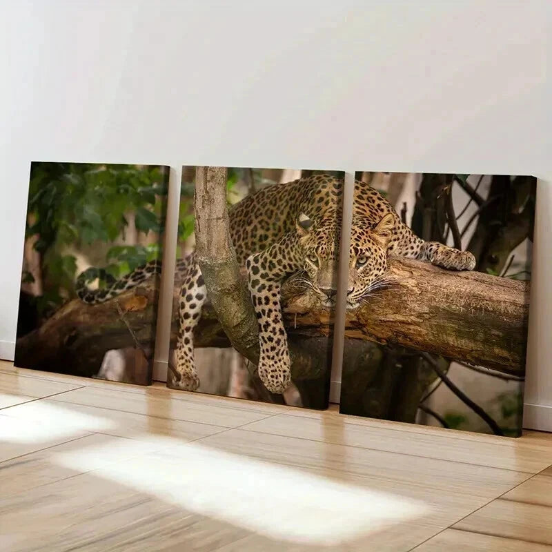 3pcs Vibrant Leopard Tree Climbing Wall Art Set Canvas Framed 60x90cm - High Quality Print 100% Australian Made Wall Canvas Ready to Hang - Bella Home Decor