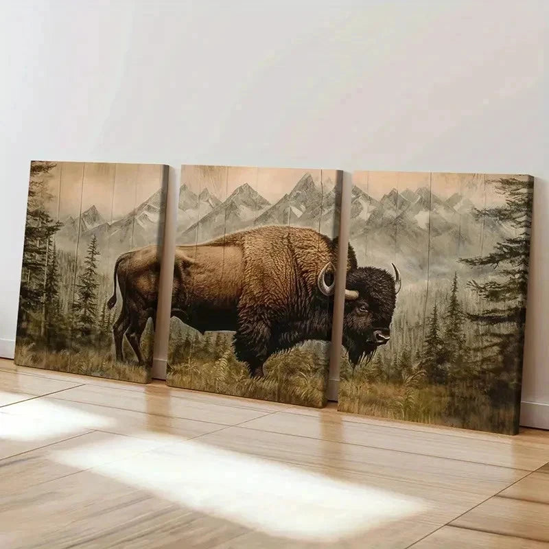 3pcs Cattle American Bison Painting Wall Art Set Canvas Framed 40x60cm - High Quality Print 100% Australian Made Wall Canvas Ready to Hang - Bella Home Decor