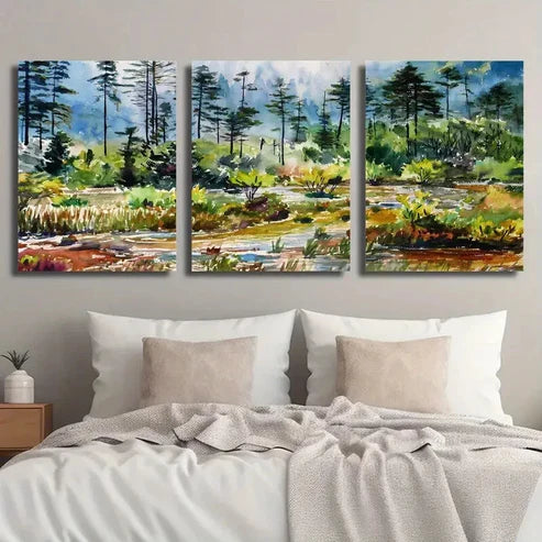 3pcs Pine Trees & Stream Illustration Landscape Wall Art Set Canvas Unframed - High Quality Print 100% Australian Made Wall Canvas