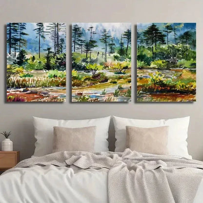 3pcs Pine Trees & Stream Illustration Landscape Wall Art Set Canvas Unframed - High Quality Print 100% Australian Made Wall Canvas