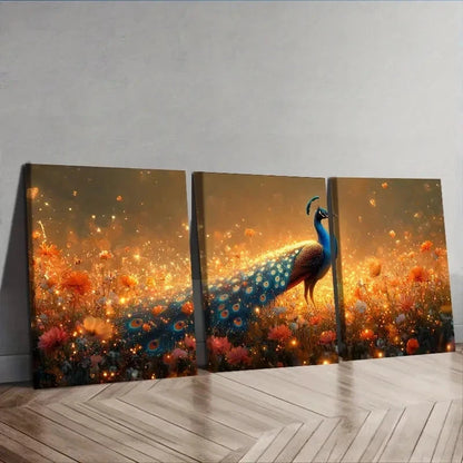 3pcs Peacock in Golden Flower Field Wall Art Set Canvas Framed 40x60cm - High Quality Print 100% Australian Made Wall Canvas Ready to Hang