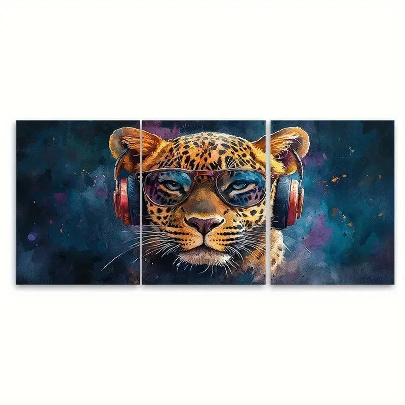 3pcs Colourful Leopard Headphones Glasses H    Wall Art Set Canvas Framed 60x90cm - High Quality Print 100% Australian Made Wall Canvas Ready to Hang - Bella Home Decor