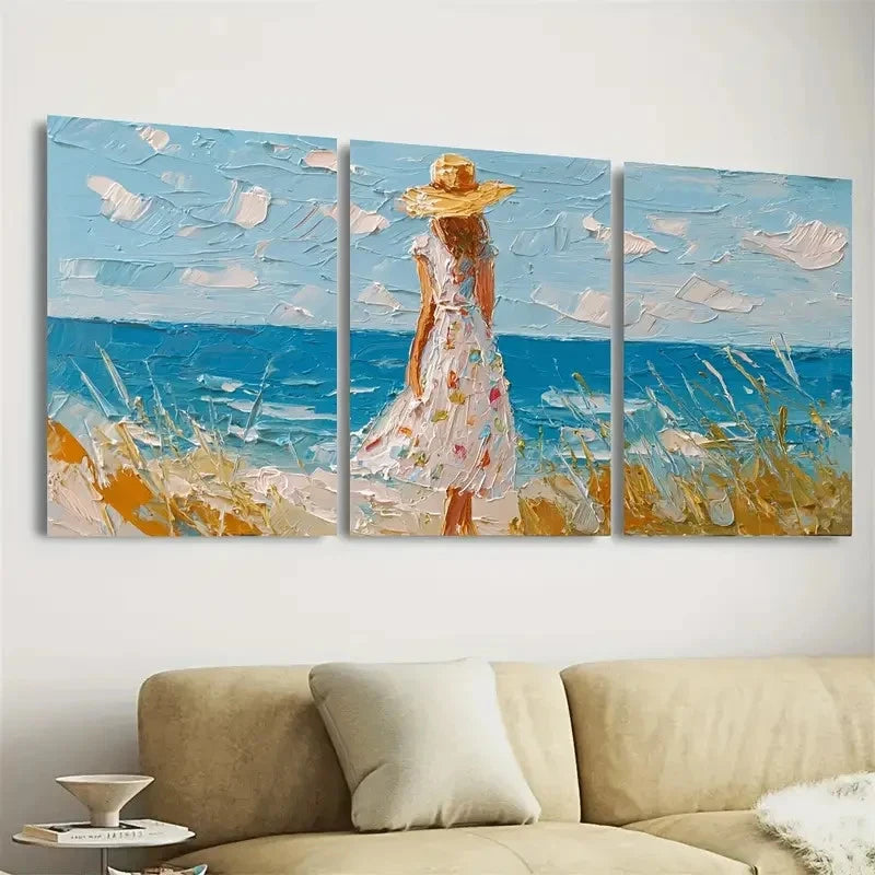 3pcs Beach Woman in Hat Art Ocean Wall Art Set Canvas Framed 50x70cm - High Quality Print 100% Australian Made Wall Canvas Ready to Hang - Bella Home Decor
