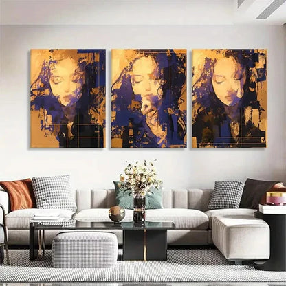 3pcs Human Face in Bold Orange & Blue Wall Art Canvas Unframed - High Quality Print 100% Australian Made Wall Canvas