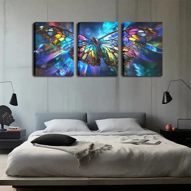 3pcs Butterfly Colorful Glass-Wing Perfect Wall Art Set Canvas Framed 60x90cm - High Quality Print 100% Australian Made Wall Canvas Ready to Hang - Bella Home Decor