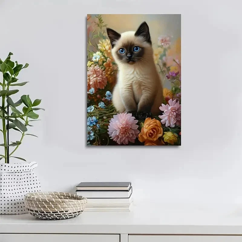 Flowers And Plants Cute Siamese Cat Kitten Painting 40x60cm Metal Print Ready to Hang