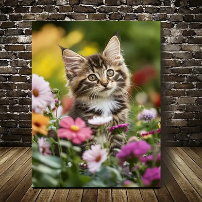 Adorable Maine Coon Kitten with Vibrant Flowers 40x60cm Metal Print Ready to Hang - Bella Home Decor