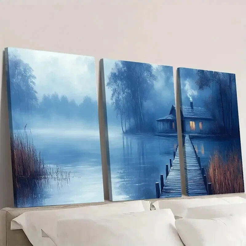 3pcs Misty Country House Near a Lake Wall Art Set Canvas Framed 40x60cm - High Quality Print 100% Australian Made Wall Canvas Ready to Hang - Bella Home Decor