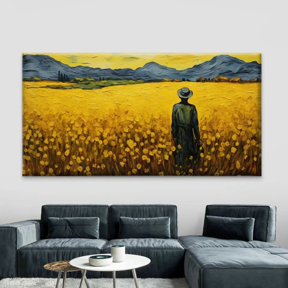 Van Gogh-Inspired Yellow Field Wall Art Canvas Office Home Room Framed 120x60cm