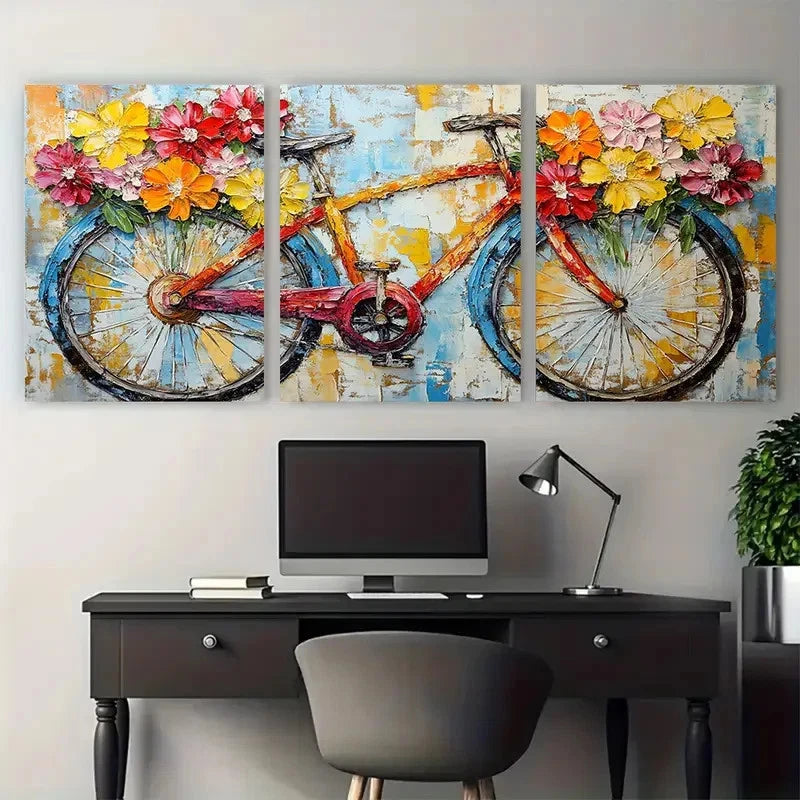 3pcs Bicycle Floral Colorful Bike Lover Perfect  Wall Art Set Canvas Framed 60x90cm - High Quality Print 100% Australian Made Wall Canvas Ready to Hang - Bella Home Decor