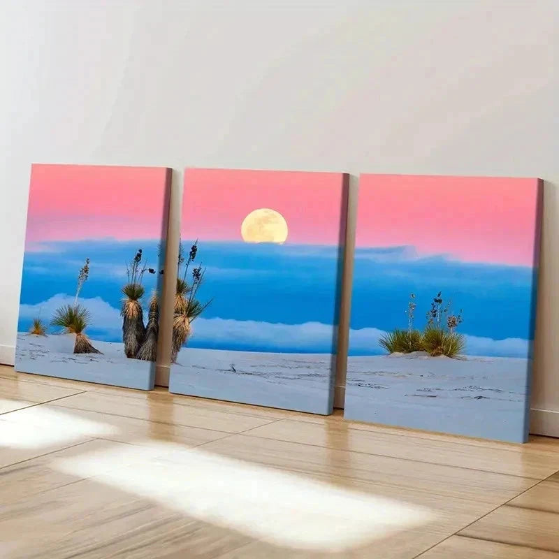 3pcs Moon & Beach Natural Landscape Modern Wall Art Set Canvas Framed 60x90cm - High Quality Print 100% Australian Made Wall Canvas Ready to Hang