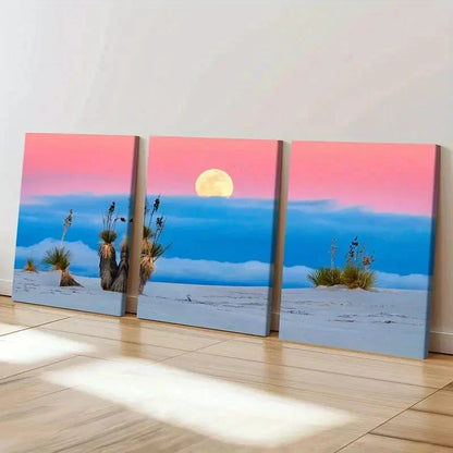 3pcs Moon & Beach Natural Landscape Modern Wall Art Set Canvas Framed 60x90cm - High Quality Print 100% Australian Made Wall Canvas Ready to Hang