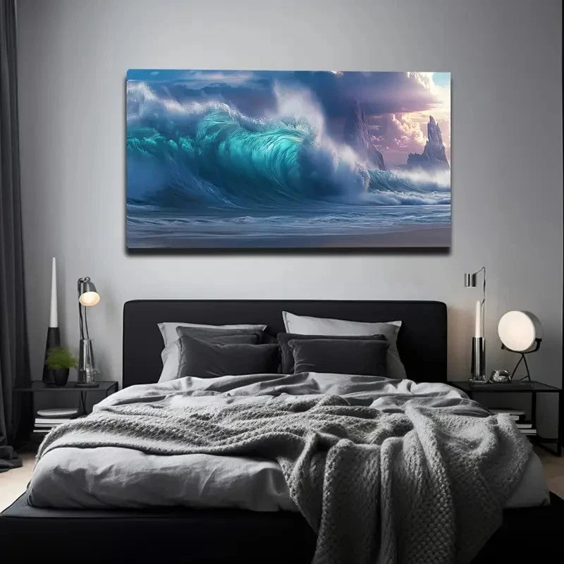 Teal & Green Ocean Wave Wall Art Canvas Office Home Room Framed 120x60cm