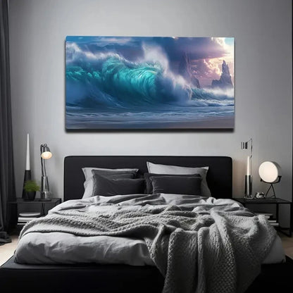 Teal & Green Ocean Wave Wall Art Canvas Office Home Room Framed 120x60cm