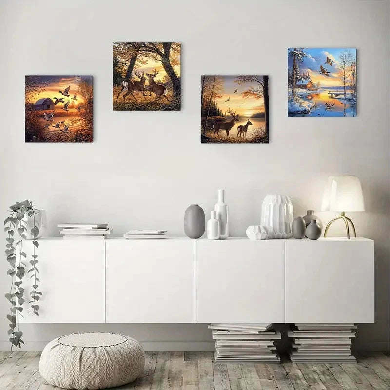 4pcs Deer, Wild Ducks, And Cabin Scene Wall Art Canvas Framed