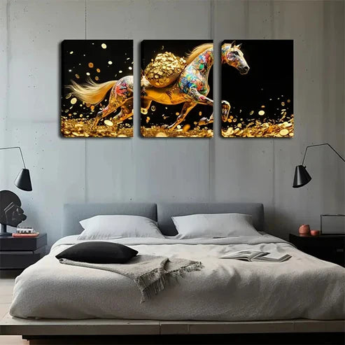 3pcs Walking Horse in Golden Coins Abstract Wall Art Set Canvas Unframed - High Quality Print 100% Australian Made Wall Canvas