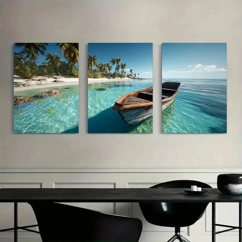 3pcs Serene Wooden Boat in Clear Blue Water Metal Print Ready to Hang Art - Bella Home Decor