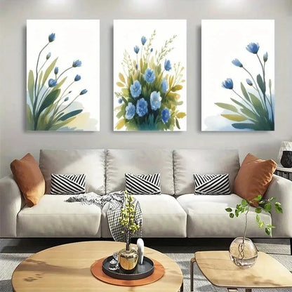 3pcs Blue Flowers & Green Leaves Golden Accents Metal Print Ready to Hang Art - Bella Home Decor