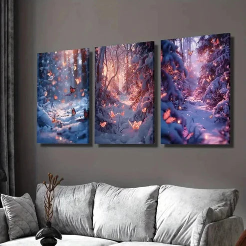 3pcs Glittering Winter Butterfly Snow Forest  Wall Art Set Canvas Unframed - High Quality Print 100% Australian Made Wall Canvas - Bella Home Decor