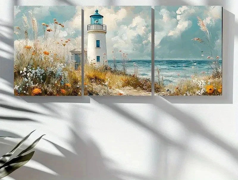 3pcs Coastal Lighthouses And Ocean Landscapes Metal Print Ready to Hang Art - Bella Home Decor