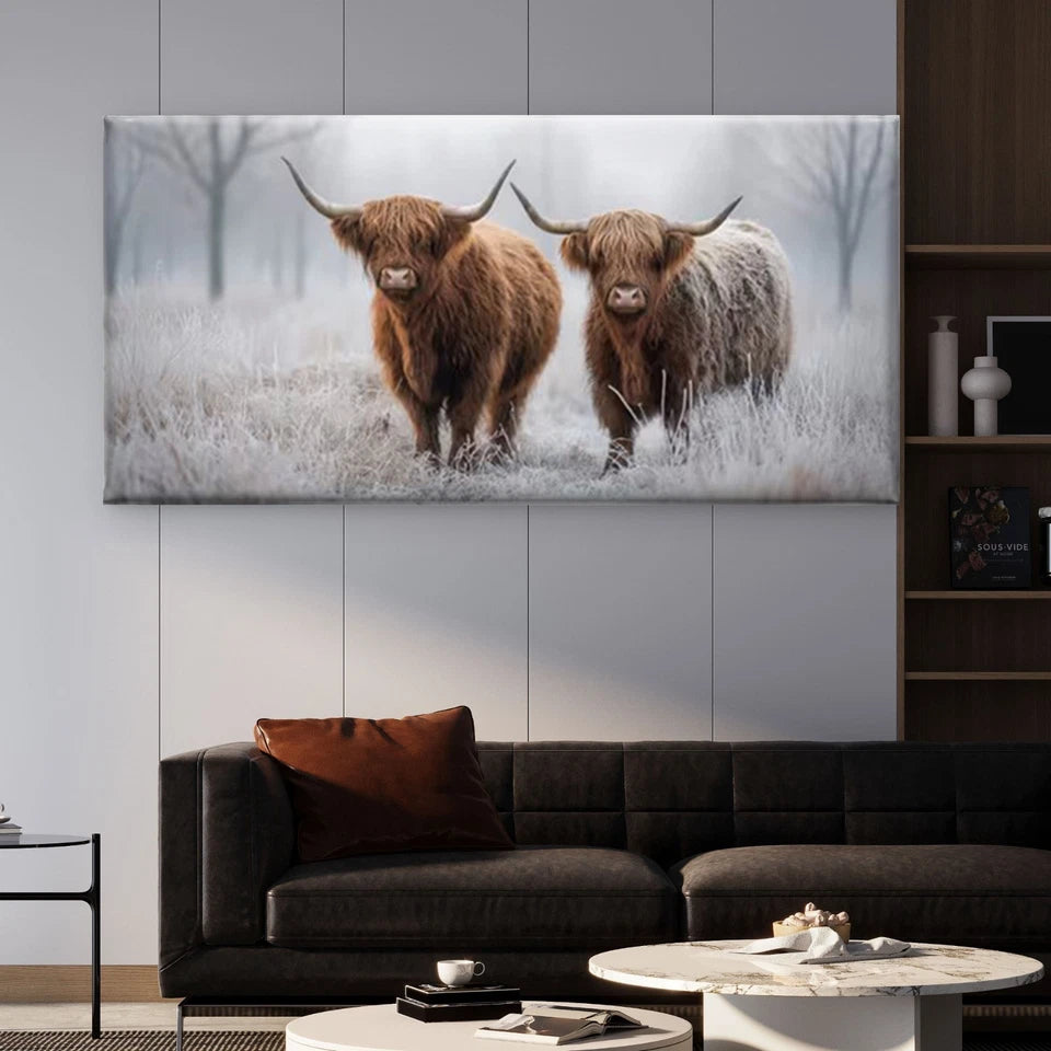 Scottish Highland Cattle Wall Art Canvas Office Home Room Framed 120x60cm
