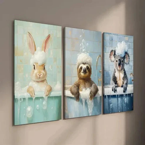 3pcs Cute Bunny Sloth Raccoon in Bathtub Wall Art Set Canvas Unframed - High Quality Print 100% Australian Made Wall Canvas - Bella Home Decor