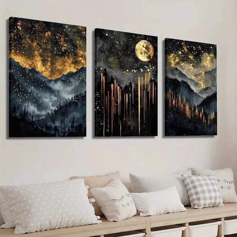 3pcs Abstract Starry Celestial Sky Black Perfect Wall Art Set Canvas Framed 60x90cm - High Quality Print 100% Australian Made Wall Canvas Ready to Hang - Bella Home Decor