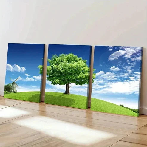 3pcs Blue Sky Grass and Big Trees Modern Wall Art Set Canvas Unframed - High Quality Print 100% Australian Made Wall Canvas - Bella Home Decor