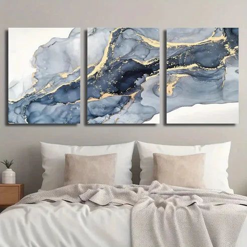 3pcs Blue & Golden Marble Texture Decor Wall Art Set Canvas Unframed - High Quality Print 100% Australian Made Wall Canvas - Bella Home Decor