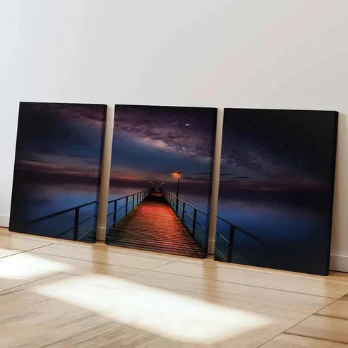 3pcs Starry Sky Night Scene Lake Bridge Wall Art Set Canvas Unframed - High Quality Print 100% Australian Made Wall Canvas