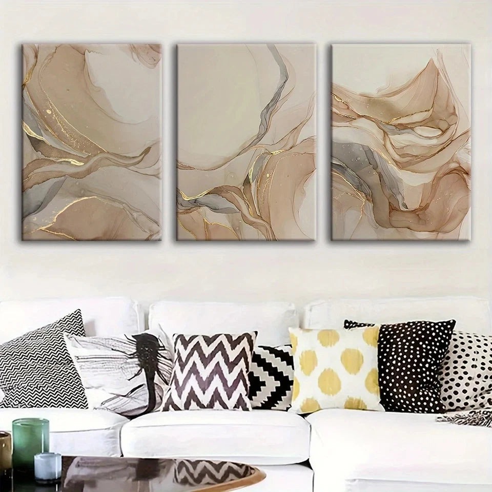 3pcs Abstract Beige Brown Modern Metal Print Ready to Hang Art - Bella Home Decor