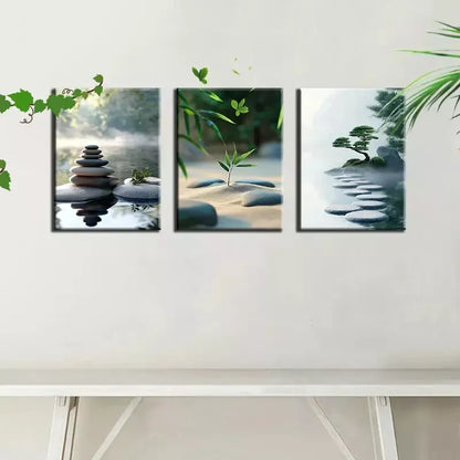 3pcs Modern Zen Style with Stones & Greenery Wall Art Set Canvas Framed 50x70cm - High Quality Print 100% Australian Made Wall Canvas Ready to Hang