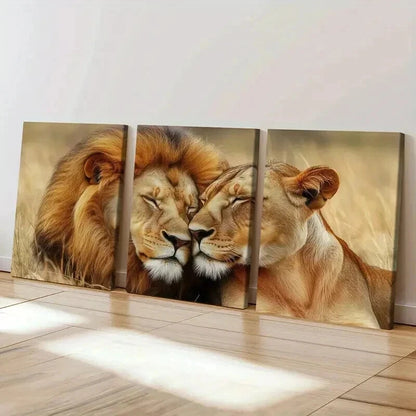 3pcs Lion & Lioness Couple Nature Serenity Wall Art Set Canvas Framed 60x90cm - High Quality Print 100% Australian Made Wall Canvas Ready to Hang - Bella Home Decor
