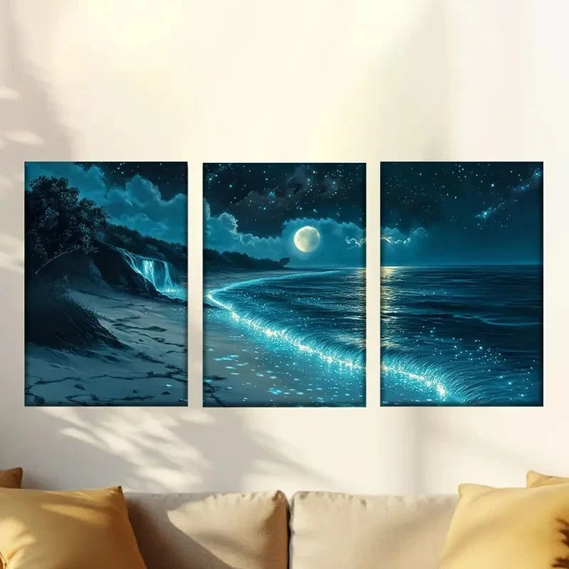 3pcs Night Beach View And Big Full Moon 50x70cm - High Quality Print 100% Australian Made Wall Canvas Ready to Hang