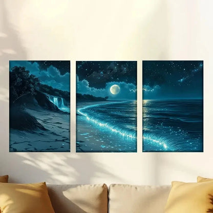 3pcs Night Beach View And Big Full Moon 50x70cm - High Quality Print 100% Australian Made Wall Canvas Ready to Hang