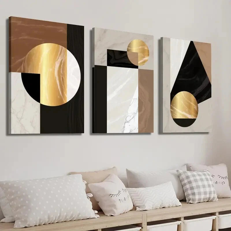 3pcs Abstract Geometric Shape Golden Perfect Wall Art Set Canvas Framed 40x60cm - High Quality Print 100% Australian Made Wall Canvas Ready to Hang