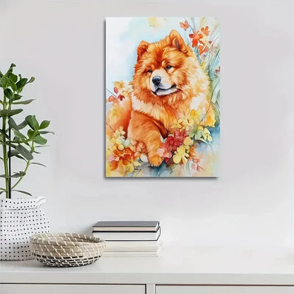 Featuring a Cute Chow Chow Dog Among Flowers And Plant 40x60cm Metal Print Ready to Hang