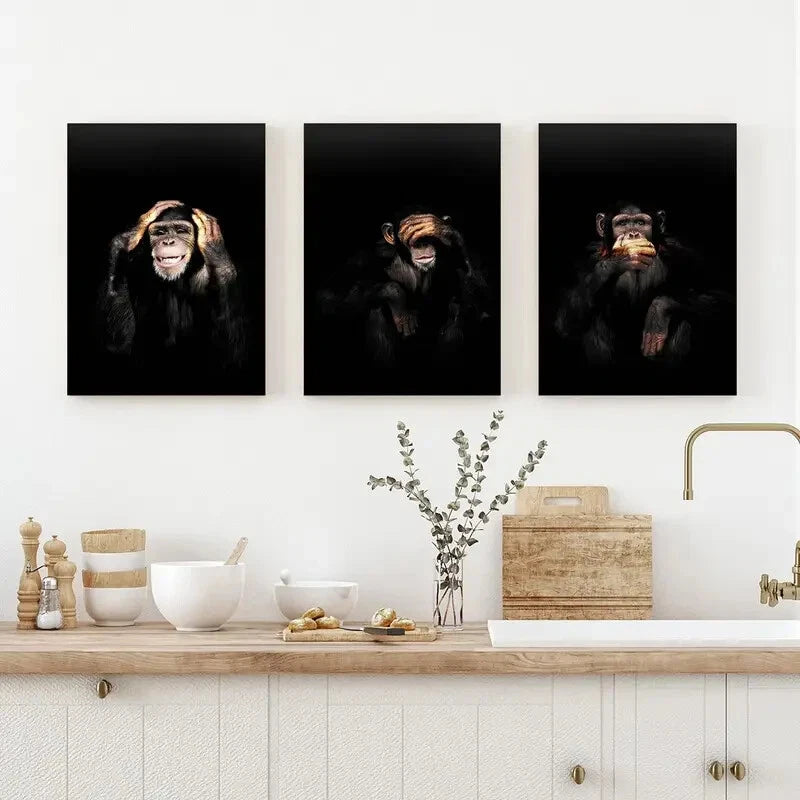 3pcs Dark Monkey Animal Themed Metal Print Ready to Hang Art - Bella Home Decor