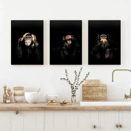 3pcs Dark Monkey Animal Themed Metal Print Ready to Hang Art - Bella Home Decor
