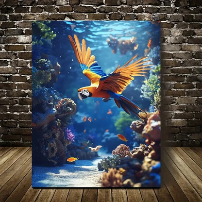 Beautiful Vibrant Parrot & Coral Reef Painting 40x60cm Metal Print Ready to Hang - Bella Home Decor